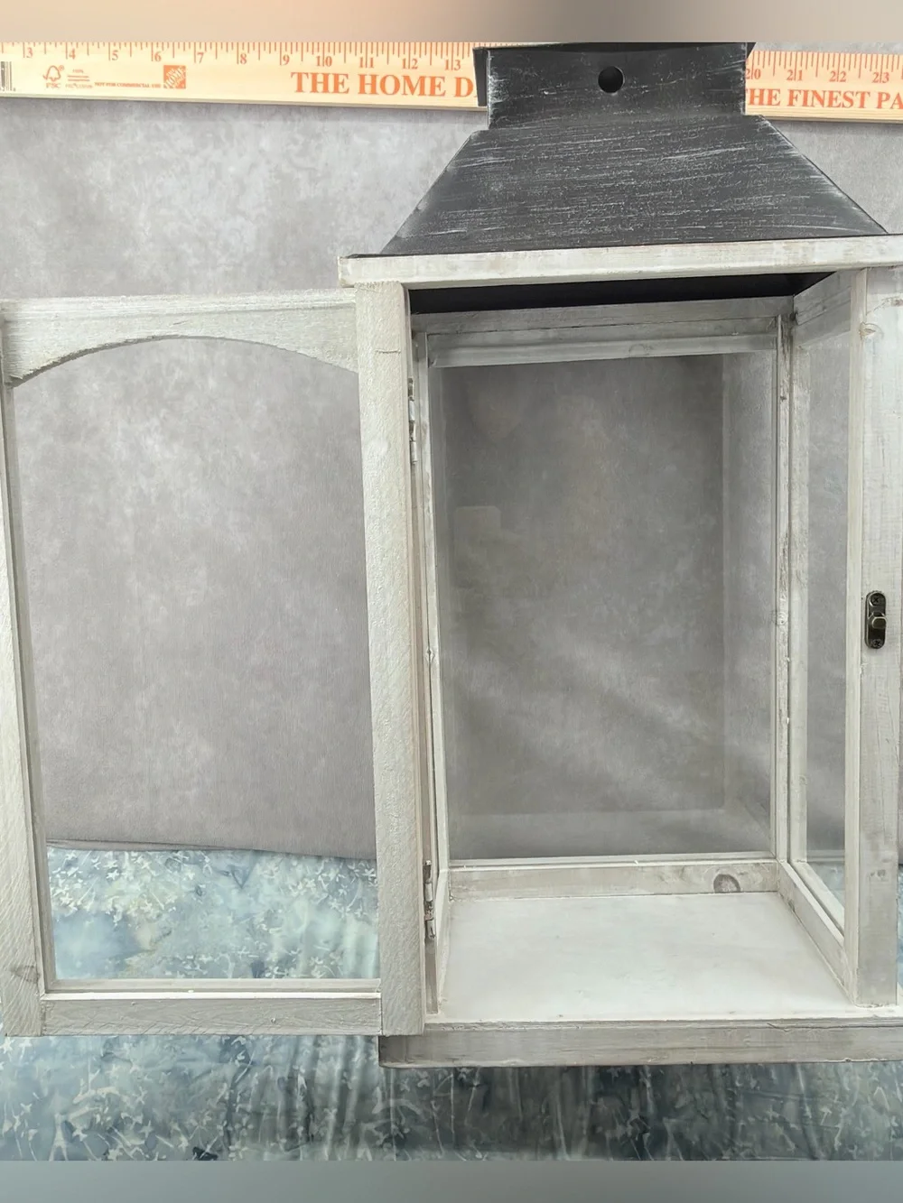 Rustic White Wooden Lantern with Black Metal Top - Home Accents